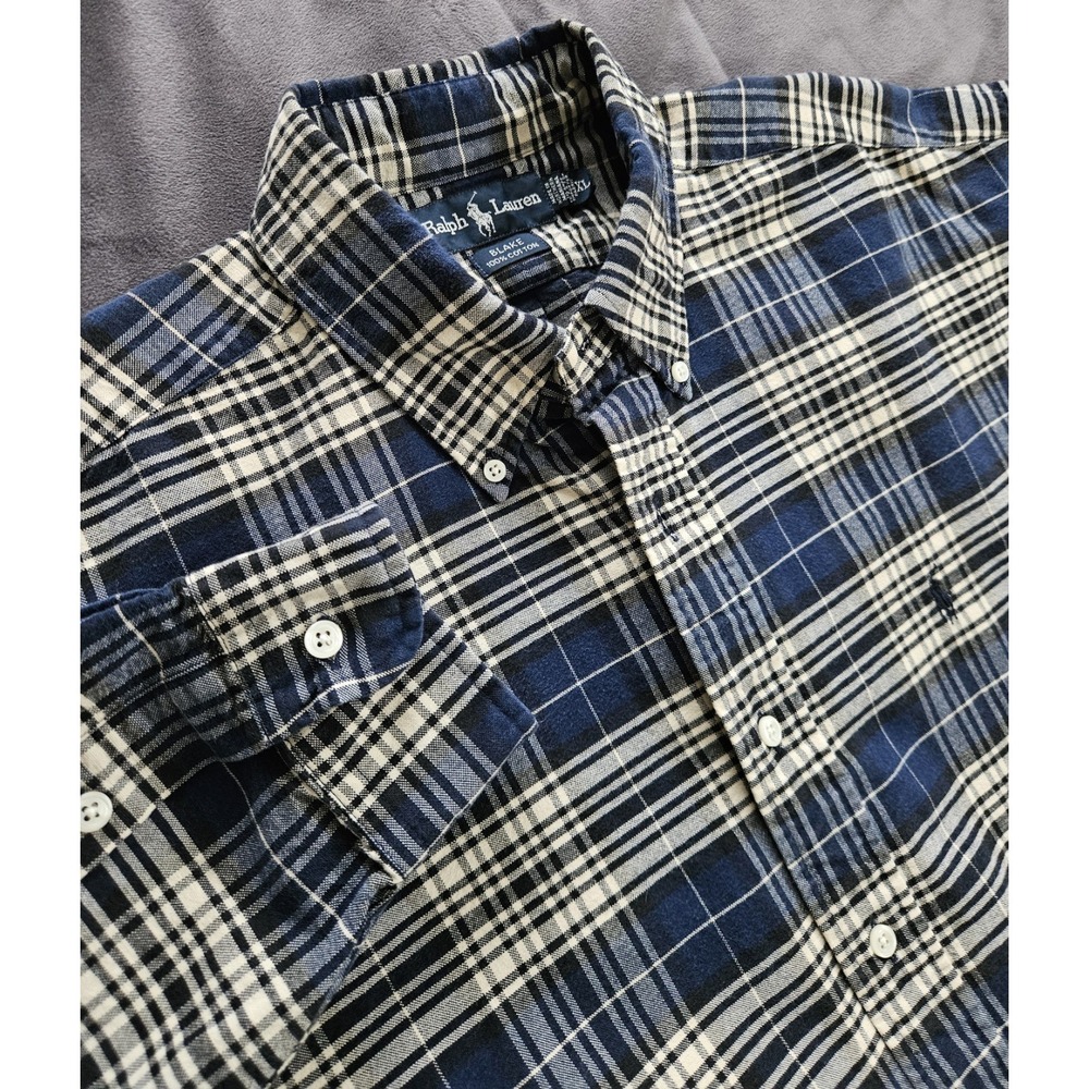 Ralph Lauren Men's Plaid Blue White Long Sleeve Button-Up Flannel Shirt XL